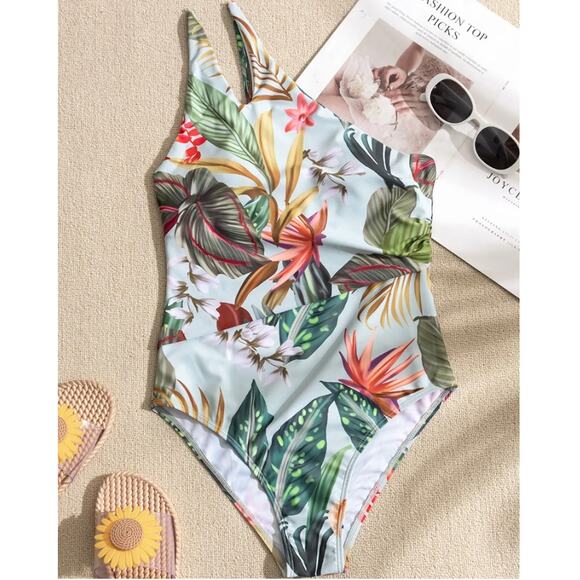 [MakeMeChic] Tropical Floral One Shoulder Asymmetrical One Piece Swimsuit Large - Picture 2 of 11